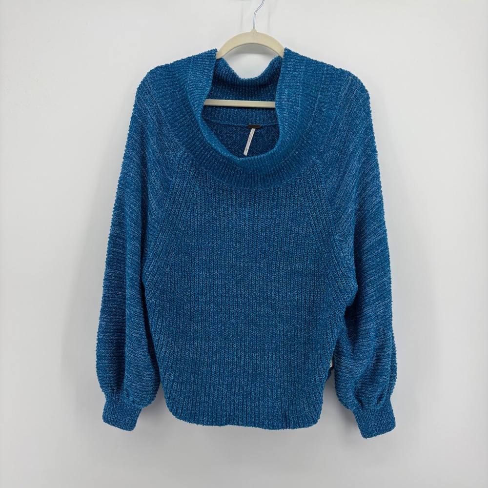 Free People Womens M Blue Sweater Cowl Neck Balloon Sleeve Marled OB621158